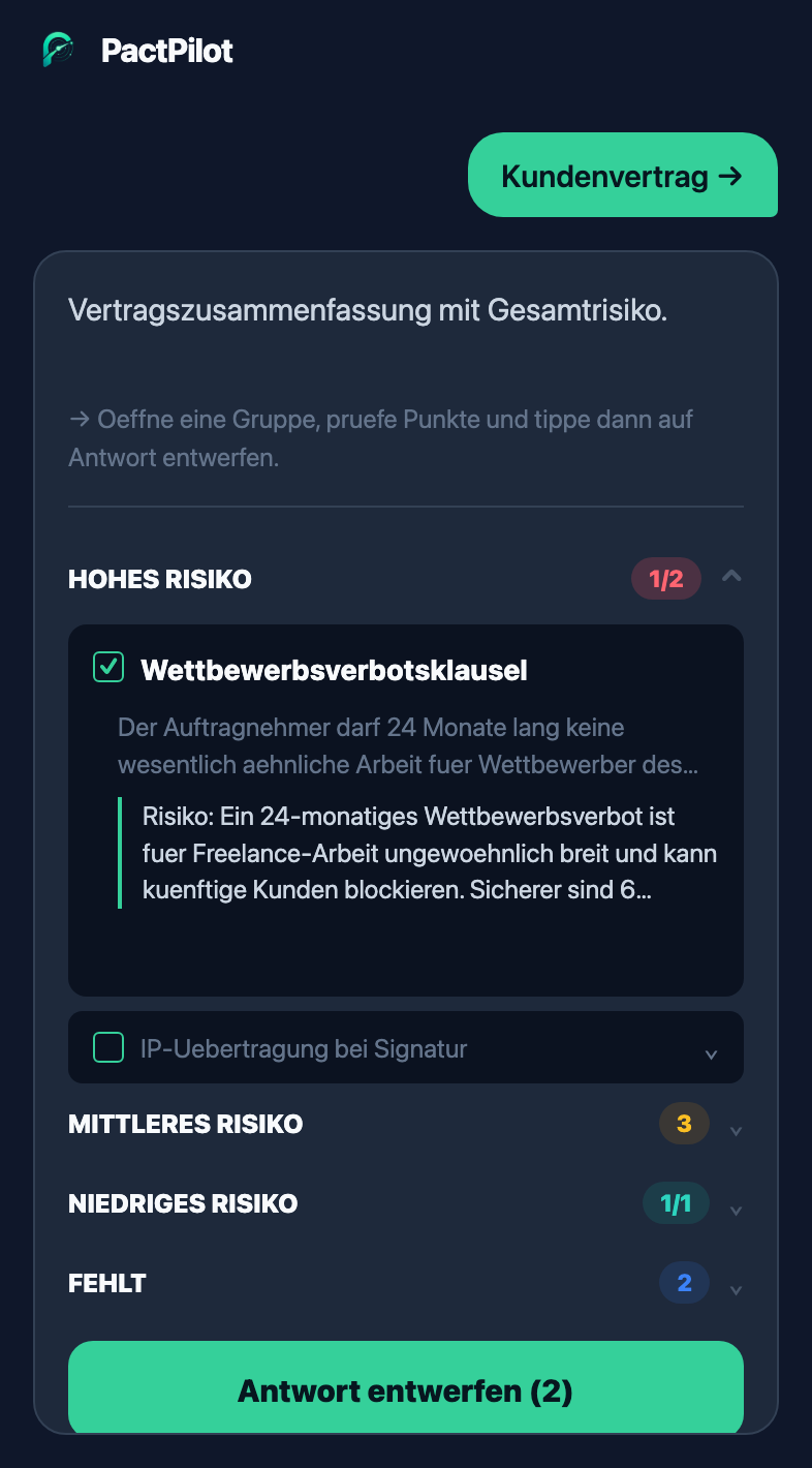 PactPilot Bildschirm zur Vertragsanalyse