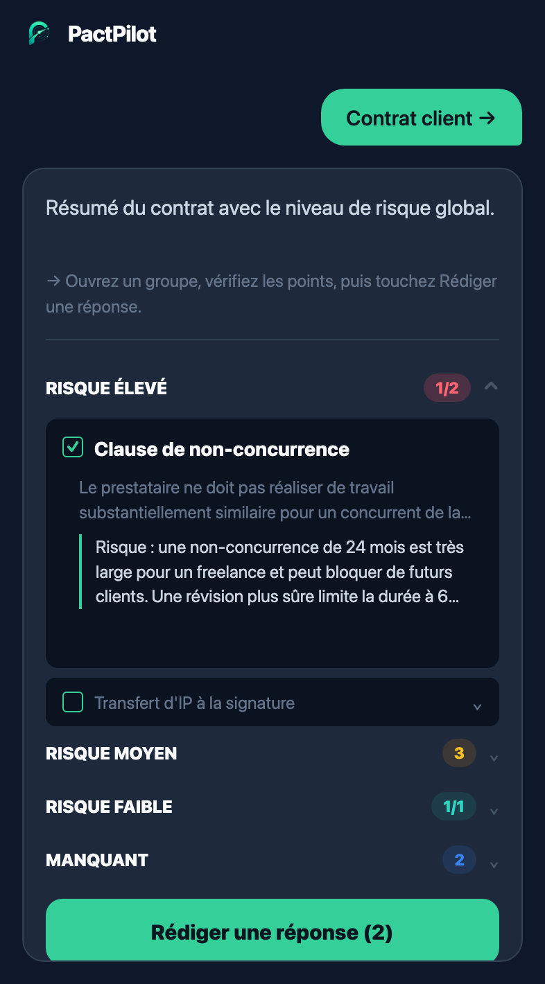 Écran PactPilot d’analyse de contrat
