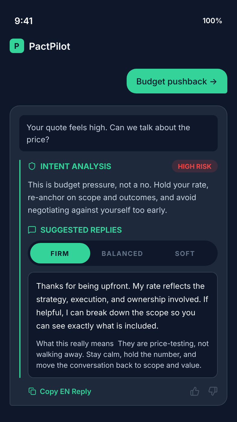 PactPilot message review screen