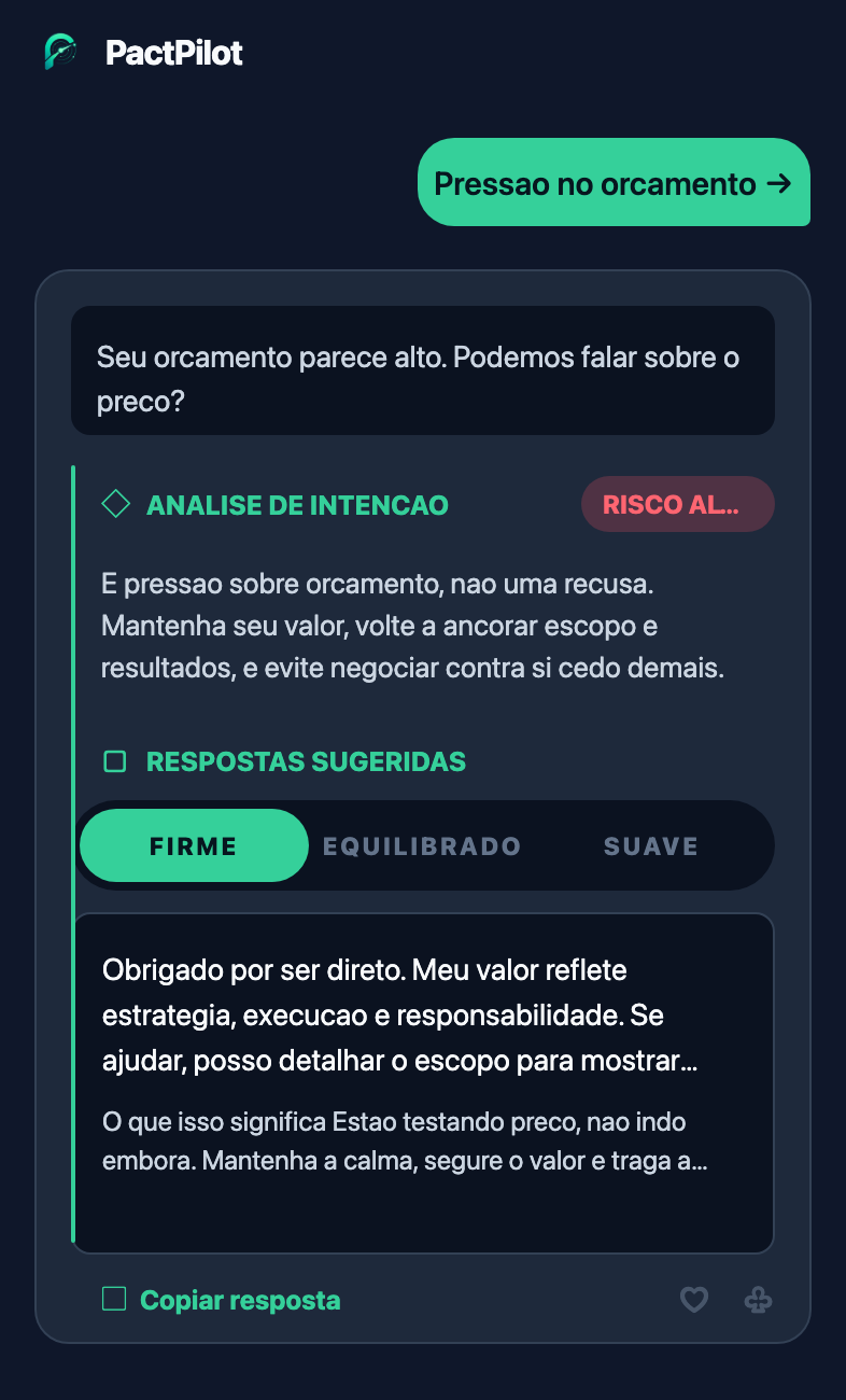 Tela de revisão de mensagem do PactPilot