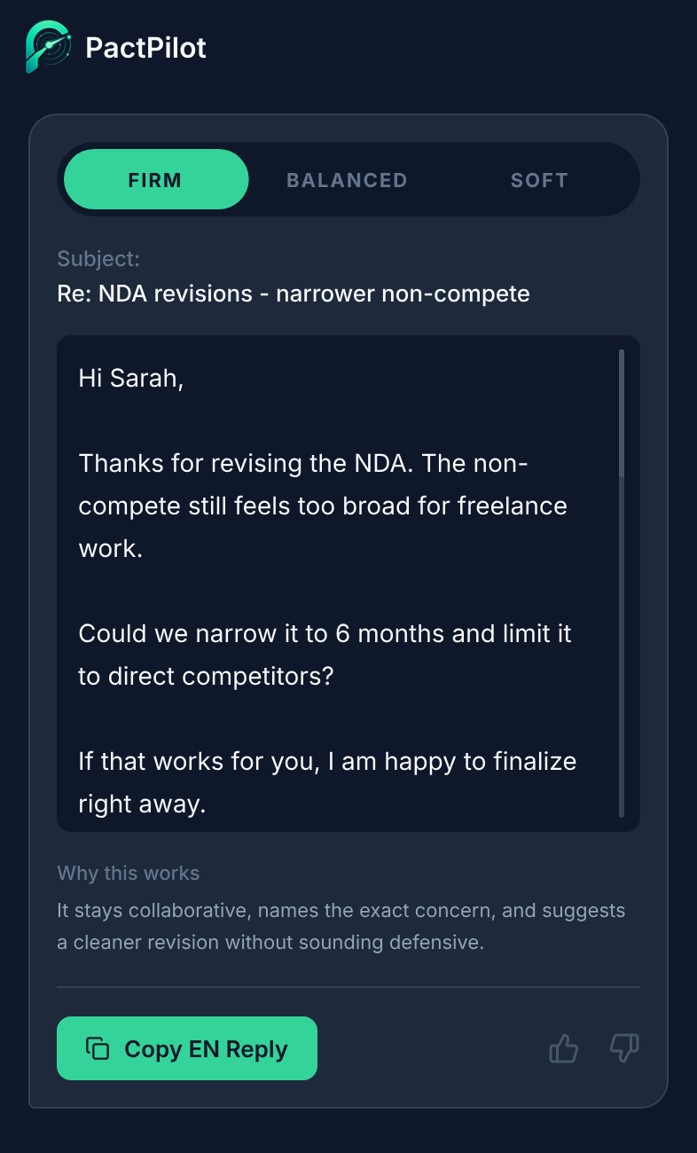 PactPilot reply drafting screen