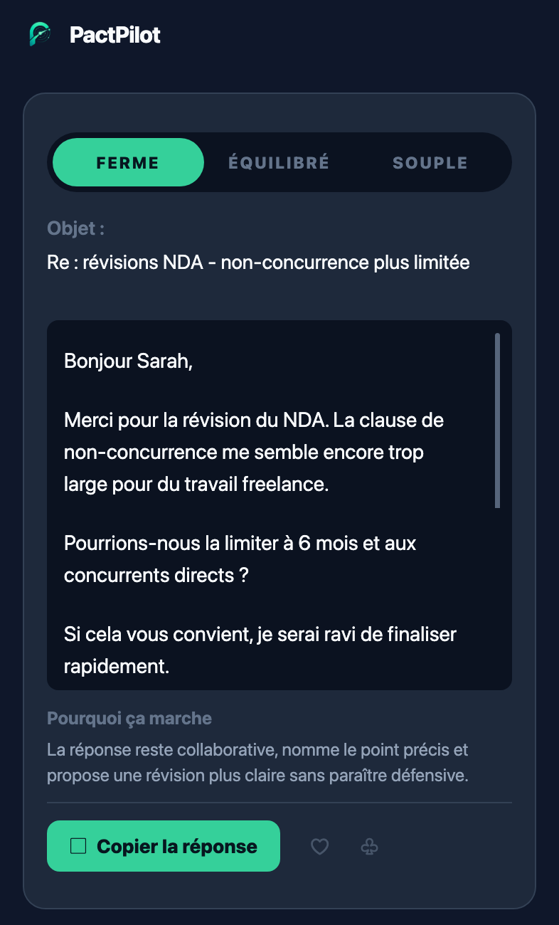 Écran PactPilot de rédaction de réponse